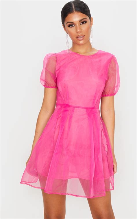 Hot Pink Organza Puff Sleeve Skater Dress Prettylittlething Uae