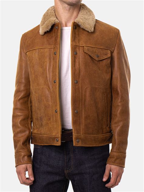 Mens Brown Leather Trucker Jacket With Sheepskin Collar Mauve Tree