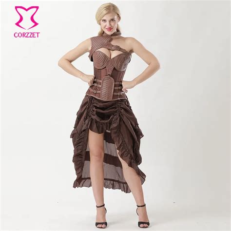 Vintage Brown Leather Armor Corset Skirt Steampunk Dress Corselete Feminino Espartilhos Plus