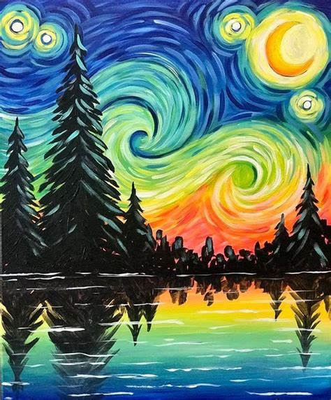 Starry Night Lake View In 2020 Starry Night Painting Starry Night
