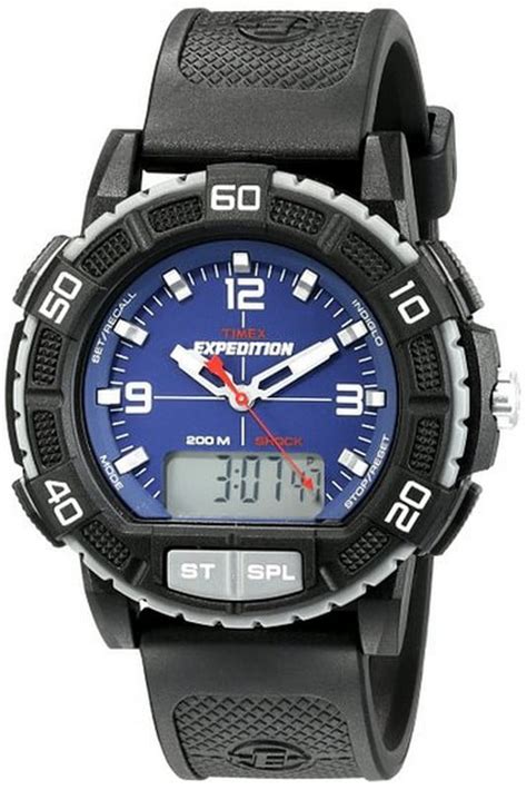 T Men S Expedition Double Shock Indiglo Ana Digi Blue Dial Black Resin Strap Chrono Dive