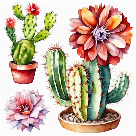 Premium Vector Vector Watercolor Painting Set Of Beautiful Cacti And