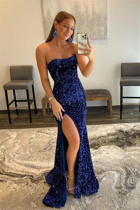 Dahlia Royal Blue Mermaid Strapless Sequins Long Prom Dress With Slit