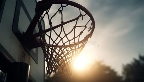 Sunlit Basketball Hoop Netting Swishes Competitive Success Generated