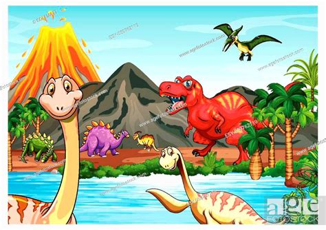 Prehistoric Landscape Scene With Various Dinosaurs Illustration Stock