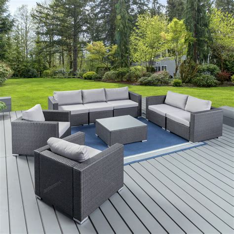 Outdoor 7 Seater Wicker Sofa Chat Set With Aluminum Frame And Cushions