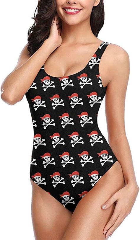 Womens One Piece Swimsuit Black Skulls Pirate Adult Swimsuits Backless Thong Bathing Suits