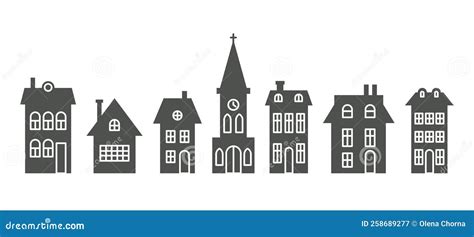 Silhouette Of Cottages And Church In Neighborhood Set Of Houses On