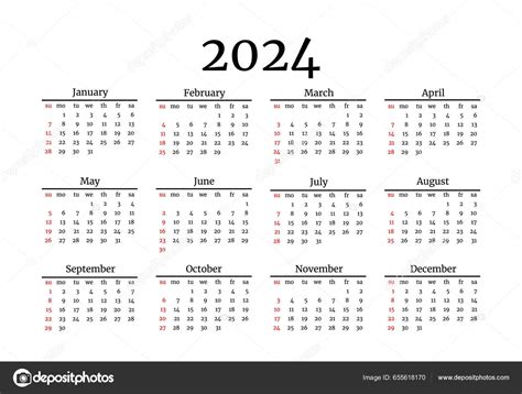 Календар 2024 Ізольовано Білому Тлі Неділя Понеділок Бізнес Шаблон
