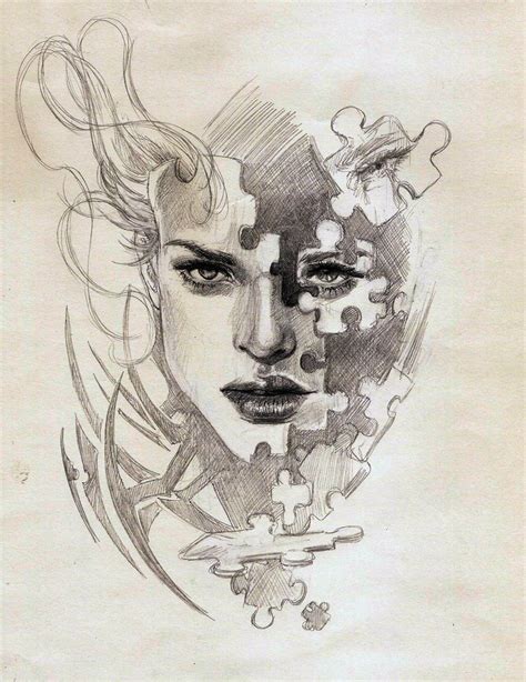 A Pencil Drawing Of A Womans Face With Puzzle Pieces