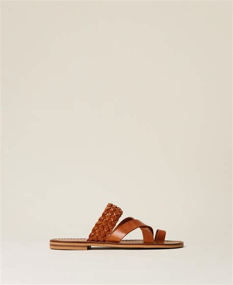 Weaved Leather Flat Sandals Woman Brown Twinset Milano