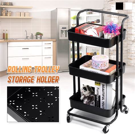 3 Tier Iron Metal Trolley Rolling Utility Cart Rack With Handle Storage