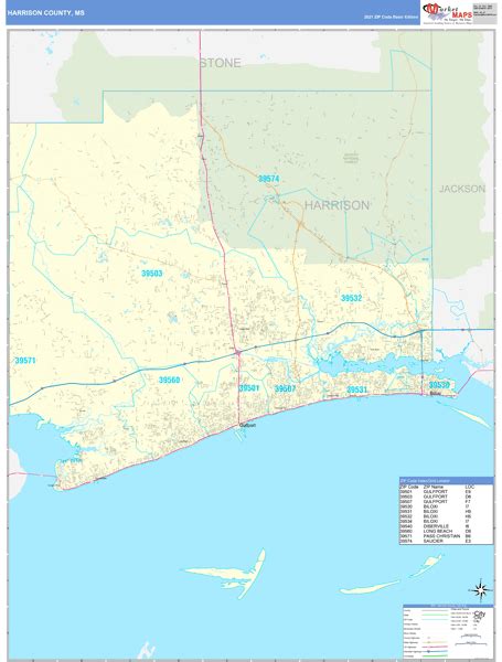 Harrison County Ms Zip Code Wall Map Basic Style By Marketmaps