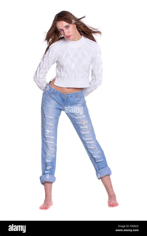 Pretty Young Woman Posing In Blue Jeanse Barefoot Stock Photo Alamy