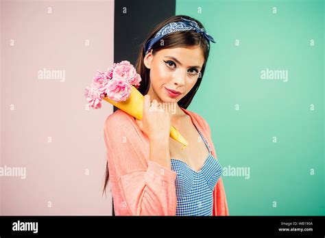Flower Bouquet Florist Summer Pin Up Woman With Trendy Makeup Retro