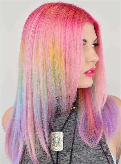 Pastel Pink Hair With Rainbow Highlights Rainbow Hair Color Rainbow