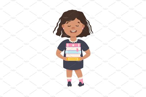 cute brunette girl carrying stack vector graphics ~ creative market