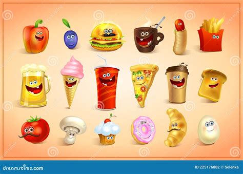 18 Funny Cartoon Food Icons Set Sweets Drinks And Fast Food