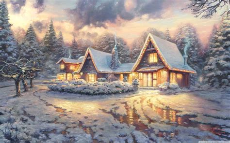 Christmas Lodge By Thomas Kinkade Wallpaper Full Hd 2880x1800