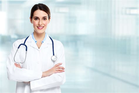 Medical physician doctor woman over blue clinic background. - Reliable ...