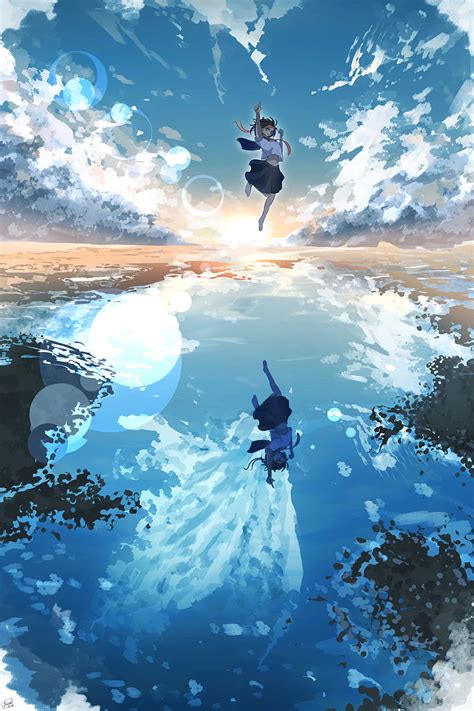 Girl Jump Water Reflection Clouds Anime Art Hd Phone Wallpaper