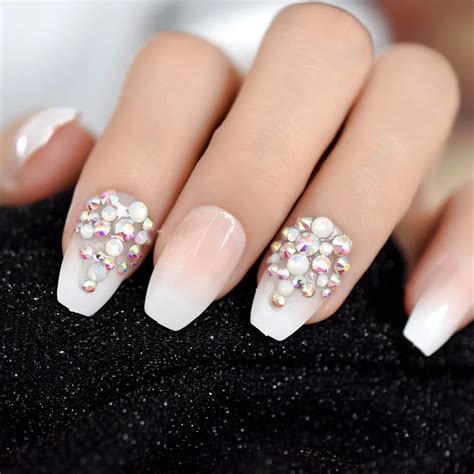 Ab Rhinestones Designed Ombre French Nail Ballerina Gradient Natural