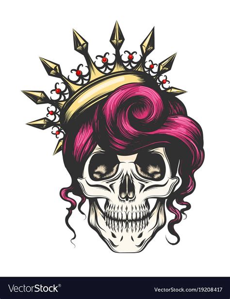 Female Skull With A Crown And Long Hair Queen Of Death Drawn In Tattoo