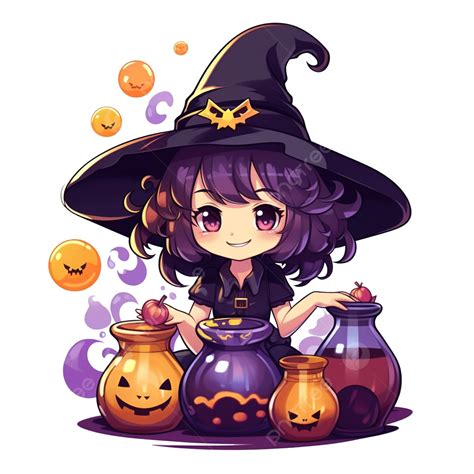 Cute Vector Kawaii Witch Making Potion In Halloween Night Illustration