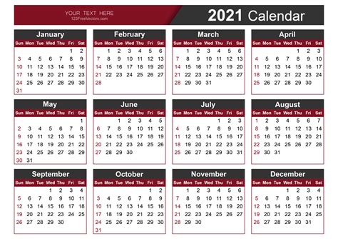 2021 Yearly Calendar Template Printable