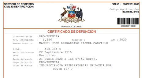 Certificado De Defunción Confirma Que Bernardino Piñera Murió Por Covid