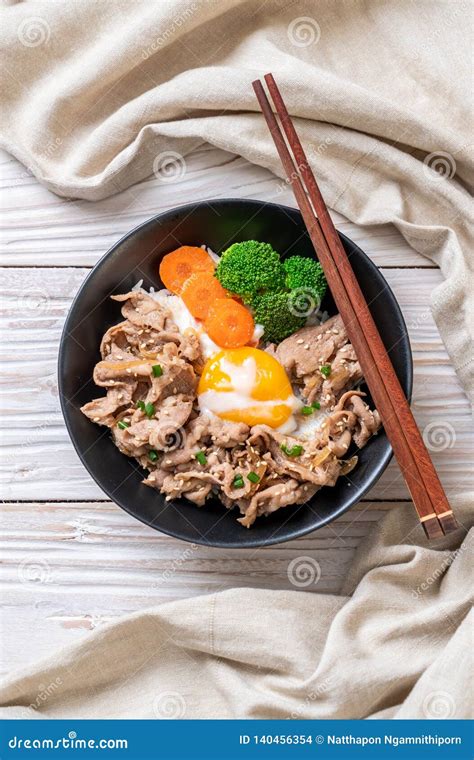 Donburi Pork Rice Bowl With Onsen Egg And Vegetable Stock Photo Image Of Donburi Rice