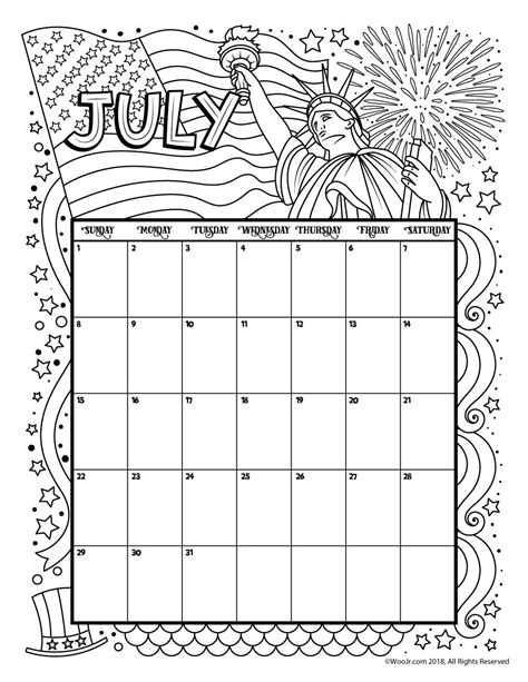 July 2018 Coloring Calendar Page Раскраски Рисунки для раскрашивания