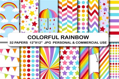32 Rainbow Digital Papers Colorful Rainbow 804174