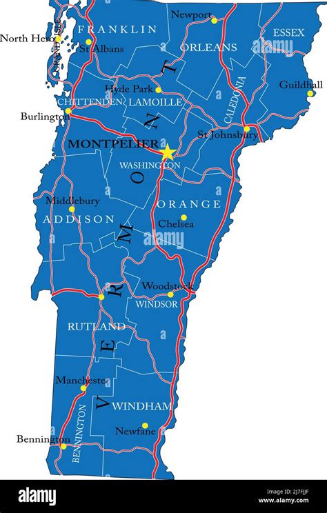 Detailed Map Of Vermont Statein Vector Formatwith County Borders