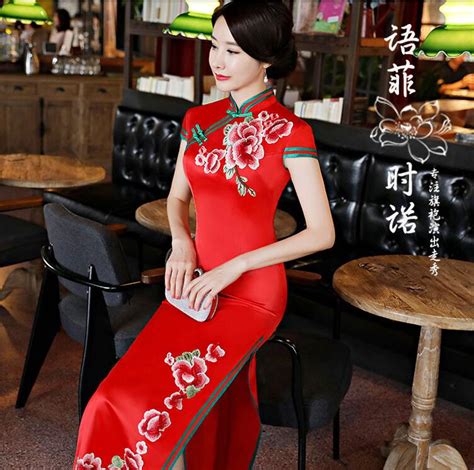 Red Chinese Womens Satin Cheongsam Elegant China Oriental Dresses Stage Costumes In Cheongsams