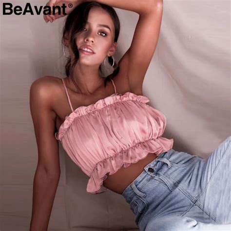 Beavant Elegant Stain Short Tops Tees Camis Ruffles Strap Sexy Summer Crop Tops Women Casual