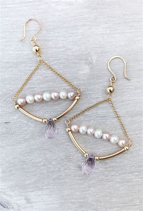 Pink Amethyst And Pearls Chandelier Earrings Crystal Etsy Pink