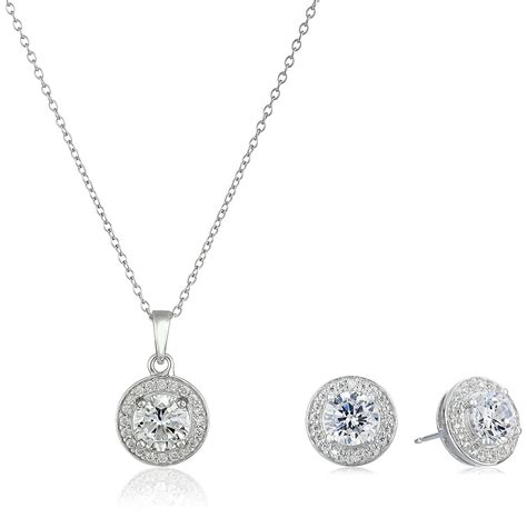 Sterling Silver Cubic Zirconia Round Halo Earrings And Pendant Necklace Jewelry Set
