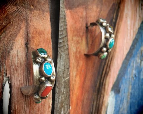 Vintage Signed Navajo Turquoise Earrings Multi Color Hoops Native