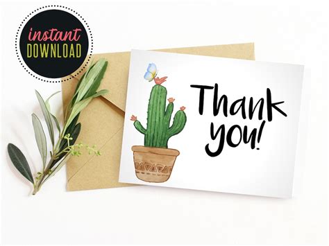 Printable Cactus Thank You Card Instant Download A2 Folded Etsy