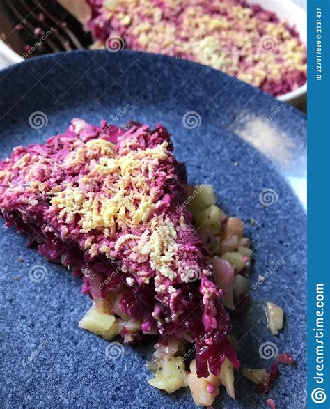 Traditional Russian Homemade Salad Herring Under A Fur Coat On A Plate Stock Image Image Of