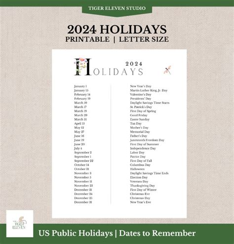 Printable 2024 Important Dates List Of Holidays Us Public Holidays