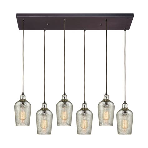 Hammered Glass 6 Light Rectangular Pendant Fixture In Oiled Bronze With Hammered Mercury Glass