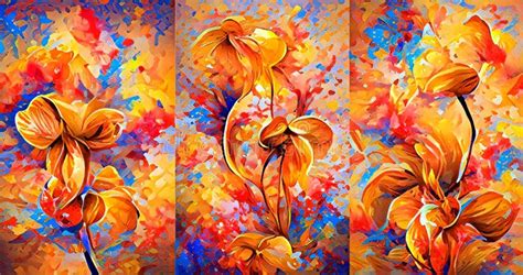 Colorful Flower Triptych Imaginative Painting Of Flowers Stock