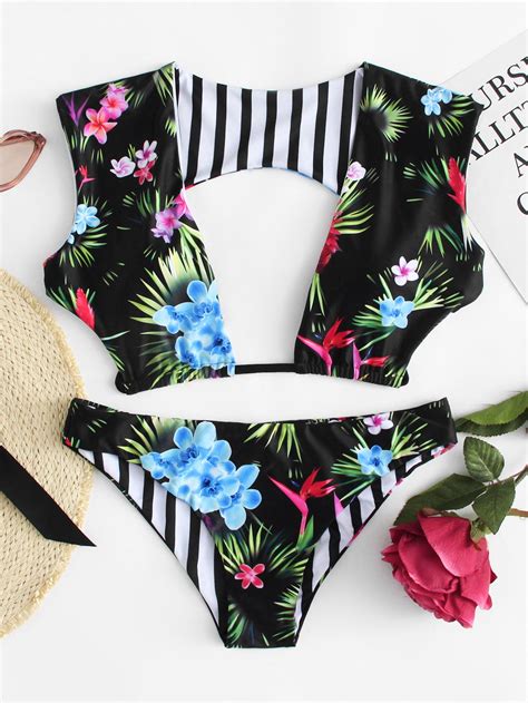 shop flower print plunge neck bikini set online shein offers flower print plunge neck bikini