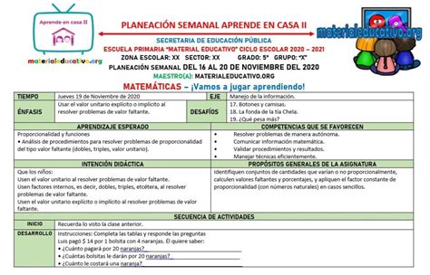 Planeación Del Quinto Grado Con Actividades De Acuerdo A Los