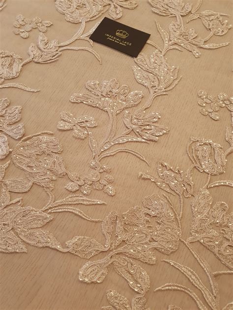 Beige Floral Pattern Embroidery With Sequins On Tulle Lace Fabric D