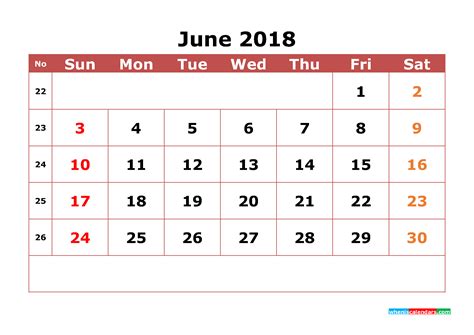 Next, in june, take the 7th off and get 5 days of holiday. June 2018 Calendar Printable with Week Numbers Image ...