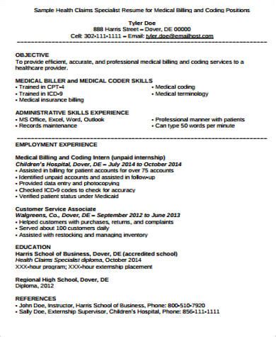 Medical coding specialist resume sample inspires you with ideas and examples of what do you put in the objective, skills, responsibilities and duties. FREE 7+ Sample Medical Billing Resume Templates in MS Word | PDF