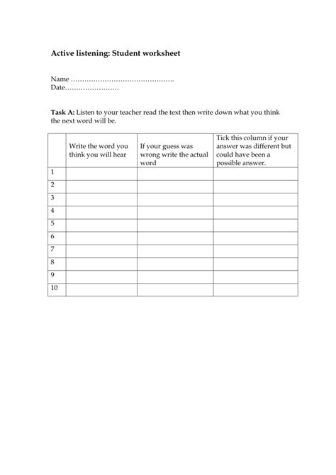 Active Listening Student Worksheet